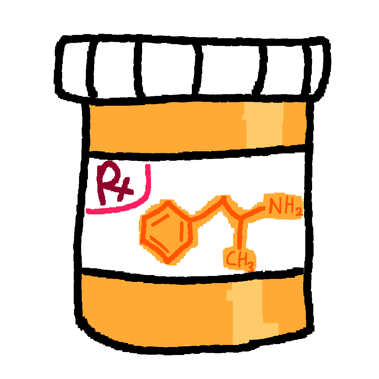 a pill bottle with an orange diagram of the molecular structure of Adderall on its label